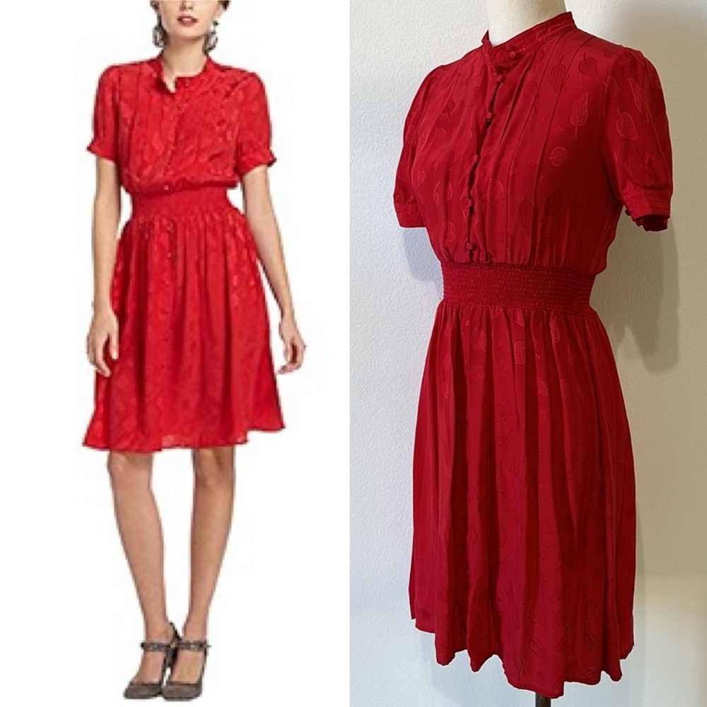 Anthropologie Maple 100% Silk Vintage Style Crimson Red Leaf Print Dress - 2